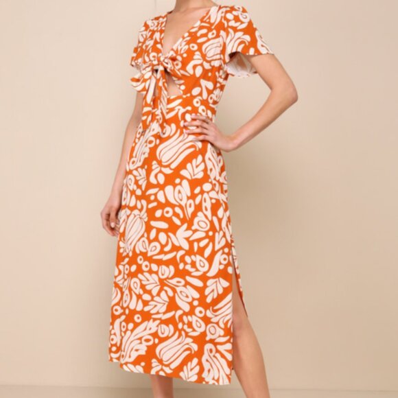 Lulus Energetic Charm Rust Orange Abstract Tie-Front Midi Dress, NWT, Size Small - Picture 1 of 12